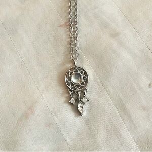Petite REAL MOONSTONE dream catcher necklace w. chain. Silvertone, and cz's.